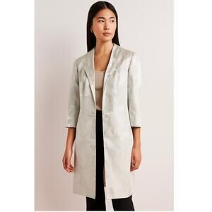 Talbots Shimmery Champagne Ivory Silver Floral Jacquard Long Line Jacket Size 8